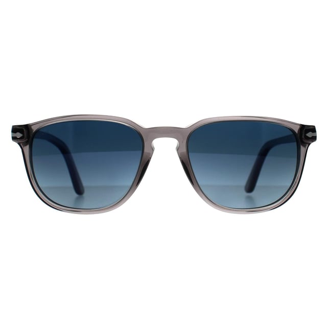 Persol Square Mens Transparent Grey Blue Gradient Polarized PO3019S  Sunglasses have a round lens shape with the typical Persol style and feature the usual Persol arrow motif on the temple. The keyhole type bridge shape is also featured and this look is very much in at the moment.