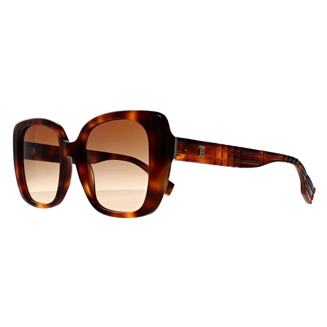 Burberry Square Womens Light Havana Brown Gradient BE4371  Sunglasses are a glamorous square design for anyone who wants to elevate their look. These sunglasses feature a bold frame with a thick acetate construction that adds durability and comfort. The Burberry logo is subtly incorporated on the temples, adding a touch of luxury to the design.