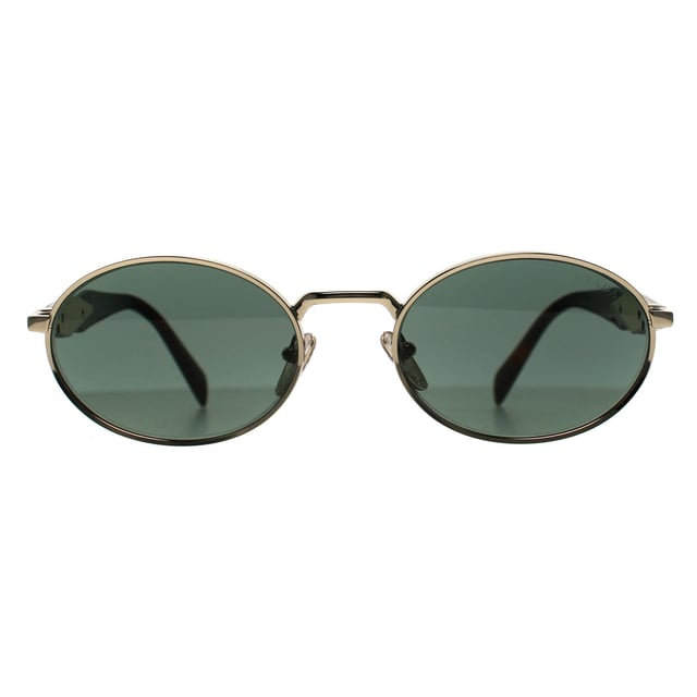 Prada Oval Womens Pale Gold Dark Green PR65ZS  Sunglasses reveal a sleek, full-rim metal frame meticulously crafted for understated luxury, featuring a subtly rounded shape that exudes effortless refinement while ensuring lightweight comfort.