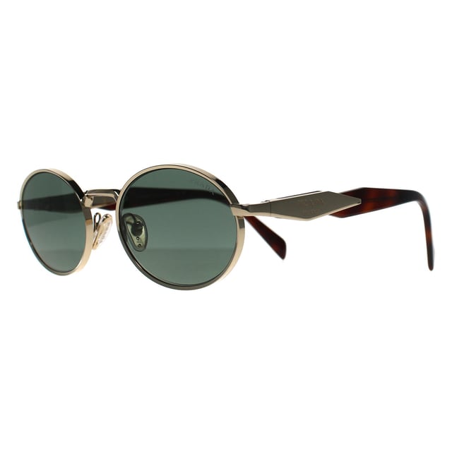 Prada Oval Womens Pale Gold Dark Green PR65ZS  Sunglasses reveal a sleek, full-rim metal frame meticulously crafted for understated luxury, featuring a subtly rounded shape that exudes effortless refinement while ensuring lightweight comfort.