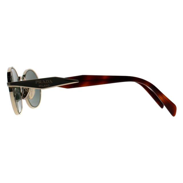 Prada Oval Womens Pale Gold Dark Green PR65ZS  Sunglasses reveal a sleek, full-rim metal frame meticulously crafted for understated luxury, featuring a subtly rounded shape that exudes effortless refinement while ensuring lightweight comfort.