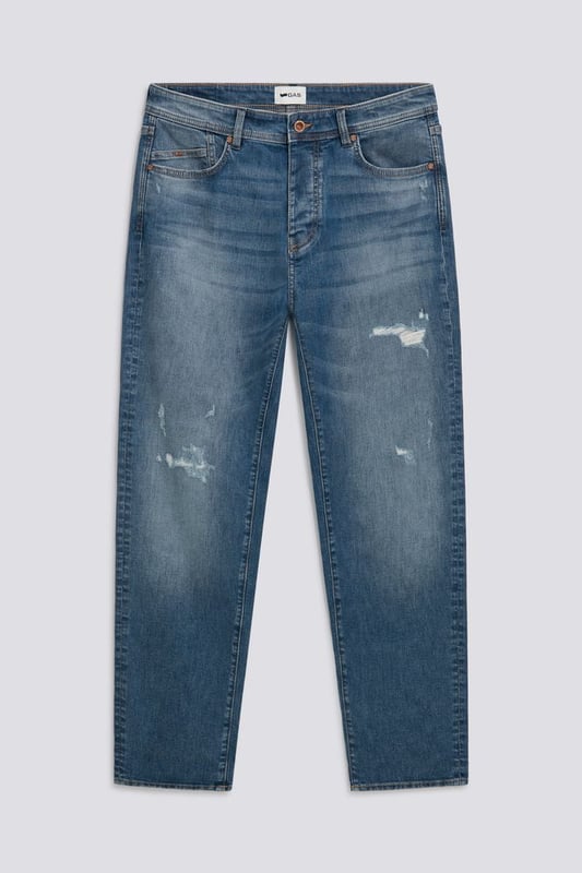 Low-Rise-Jeans im Five-Pocket-Stil mit entspannter Hüfte, tiefem Schritt und konisch zulaufendem Bein. Sie sind ikonisch und bequem und unterstreichen verschiedene Stile und Körpertypen. Kombinieren Sie sie mit einem T-Shirt oder einem Hemd im cleanen Design für perfekte Tageskleidung im echten Gas-Stil.