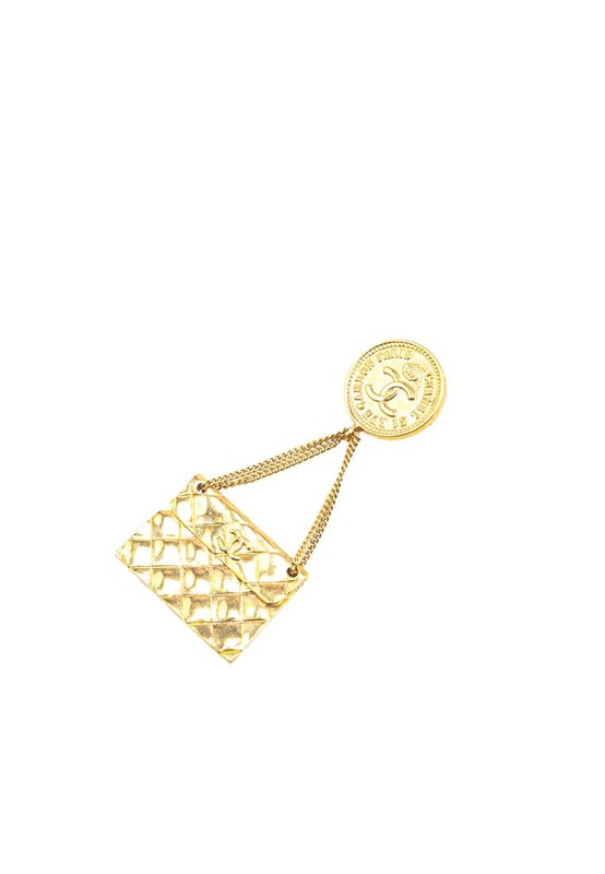 This brooch features a metal body and a back pin closure.Brand: Chanel VintageCondition: PrelovedType: Costume BroochRating: B+Main Material: MetalDimensions (LxWxD): 7.6x3.3x0Comments: Exterior Back Scratched. Lock Scratched. Exterior Front Scratched.