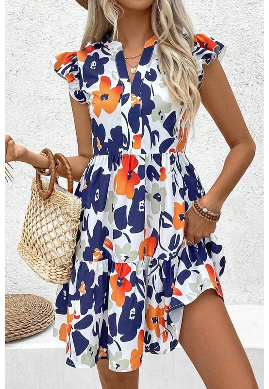 Orange Floral Print Notched Neck Flutter Sleeve Mini Dress
  Vibrant floral print with rich colors
  Notched neck design
  Flutter sleeves
  Ruffle tiered skirt
  Perfect for summer
  Ideal for pairing with trendy mules or chic heels
Material: 100% Polyester