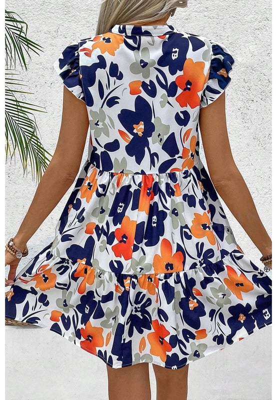 Orange Floral Print Notched Neck Flutter Sleeve Mini Dress
  Vibrant floral print with rich colors
  Notched neck design
  Flutter sleeves
  Ruffle tiered skirt
  Perfect for summer
  Ideal for pairing with trendy mules or chic heels
Material: 100% Polyester