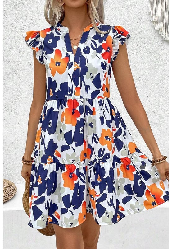 Orange Floral Print Notched Neck Flutter Sleeve Mini Dress
  Vibrant floral print with rich colors
  Notched neck design
  Flutter sleeves
  Ruffle tiered skirt
  Perfect for summer
  Ideal for pairing with trendy mules or chic heels
Material: 100% Polyester