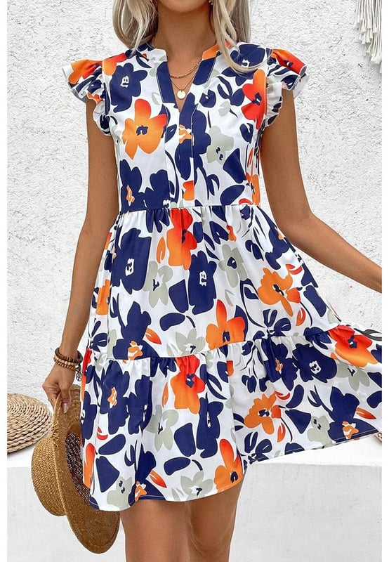 Orange Floral Print Notched Neck Flutter Sleeve Mini Dress
  Vibrant floral print with rich colors
  Notched neck design
  Flutter sleeves
  Ruffle tiered skirt
  Perfect for summer
  Ideal for pairing with trendy mules or chic heels
Material: 100% Polyester