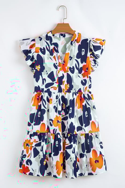 Orange Floral Print Notched Neck Flutter Sleeve Mini Dress
  Vibrant floral print with rich colors
  Notched neck design
  Flutter sleeves
  Ruffle tiered skirt
  Perfect for summer
  Ideal for pairing with trendy mules or chic heels
Material: 100% Polyester