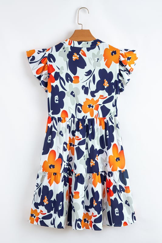 Orange Floral Print Notched Neck Flutter Sleeve Mini Dress
  Vibrant floral print with rich colors
  Notched neck design
  Flutter sleeves
  Ruffle tiered skirt
  Perfect for summer
  Ideal for pairing with trendy mules or chic heels
Material: 100% Polyester