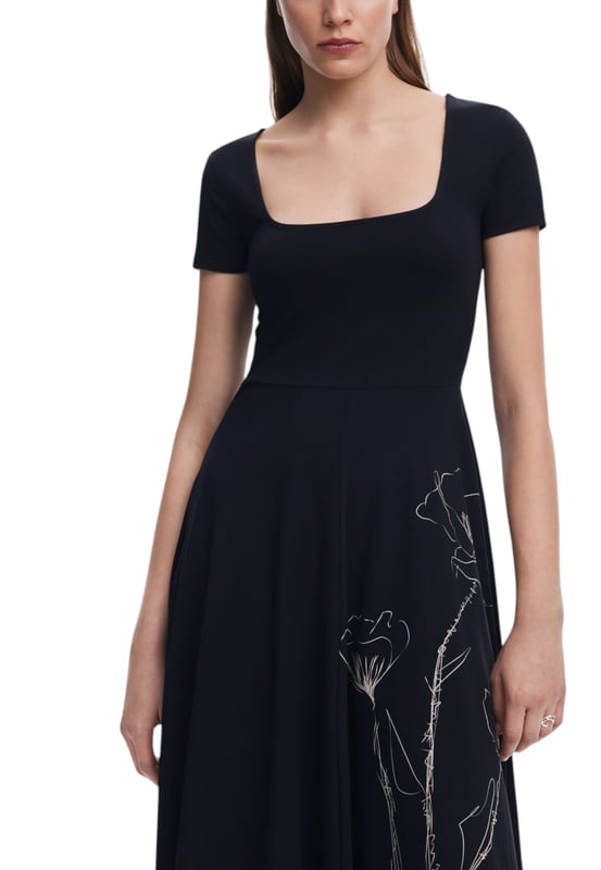 Brand: Desigual
  Gender: Women
  Type: Dresses
  Season: Spring/Summer
  Color: black
  Sleeves: short
  Neckline: square neckline
  Article code: 25SWVK09
  Composition: 95% cotton 5% lycra
  Washing: machine wash at 30Â°C
Material: 95% Viscose 5% Elastane