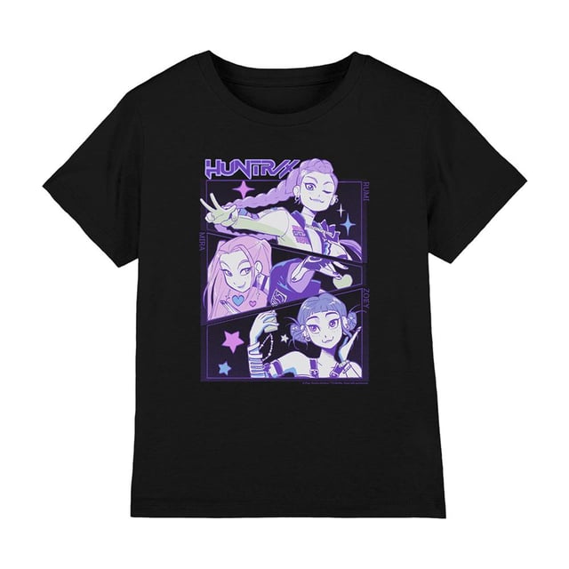 100% Ringspun Cotton. Fabric: 4 Way Stretch, Jersey, Midweight, Pre-Shrunk, Weave. Design: Anime, Printed, Stars, Text. Characters: Huntr/X. Neckline: Crew Neck, Ribbed. Sleeve-Type: Short-Sleeved. Fabric Technology: Breathable, Fade Resistant. Heavy Duty, Tagless. 100% Officially Licensed. 7-8 Years: 32 in. 12-13 Years: 39 in. 3-4 Years: 27 in. 9-11 Years: 36 in. 5-6 Years: 29 in.