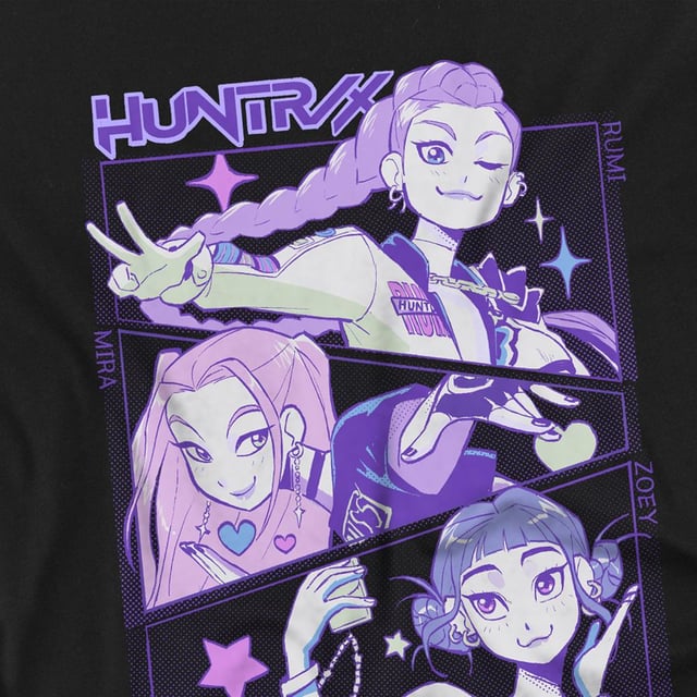 100% Ringspun Cotton. Fabric: 4 Way Stretch, Jersey, Midweight, Pre-Shrunk, Weave. Design: Anime, Printed, Stars, Text. Characters: Huntr/X. Neckline: Crew Neck, Ribbed. Sleeve-Type: Short-Sleeved. Fabric Technology: Breathable, Fade Resistant. Heavy Duty, Tagless. 100% Officially Licensed. 7-8 Years: 32 in. 12-13 Years: 39 in. 3-4 Years: 27 in. 9-11 Years: 36 in. 5-6 Years: 29 in.