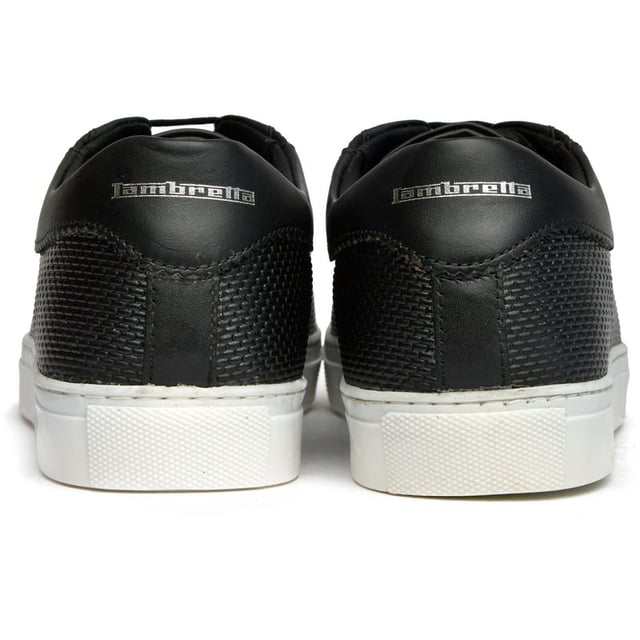 Mens black Lambretta peter trainers, manufactured with leather and a rubber sole. Featuring: contoured insole, leather upper, brogue toe design and lambretta branding.