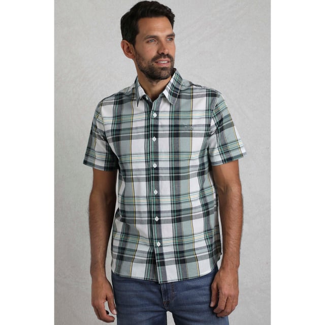 100% Organic Cotton. Fabric: Woven. Design: Checked, Embroidered, Logo. Fastening: Button-Down. Sleeve-Type: Short-Sleeved. Neckline: Turn Down Collar. Fabric Technology: Breathable, Lightweight. S: 37 in. M: 40 in. L: 43 in. XL: 46 in. XXL: 49 in. 3XL: 52 in. 4XL: 55 in. 5XL: 58 in.