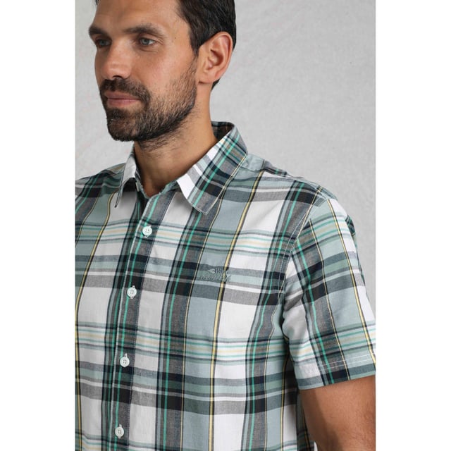 100% Organic Cotton. Fabric: Woven. Design: Checked, Embroidered, Logo. Fastening: Button-Down. Sleeve-Type: Short-Sleeved. Neckline: Turn Down Collar. Fabric Technology: Breathable, Lightweight. S: 37 in. M: 40 in. L: 43 in. XL: 46 in. XXL: 49 in. 3XL: 52 in. 4XL: 55 in. 5XL: 58 in.