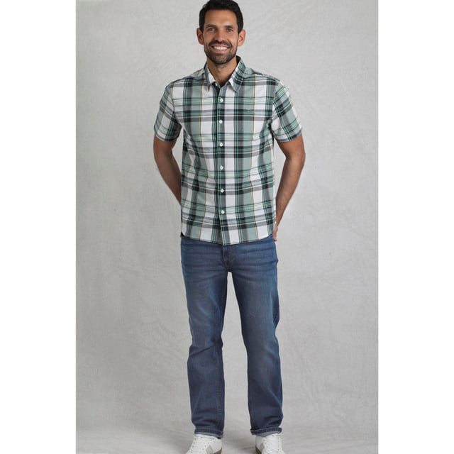 100% Organic Cotton. Fabric: Woven. Design: Checked, Embroidered, Logo. Fastening: Button-Down. Sleeve-Type: Short-Sleeved. Neckline: Turn Down Collar. Fabric Technology: Breathable, Lightweight. S: 37 in. M: 40 in. L: 43 in. XL: 46 in. XXL: 49 in. 3XL: 52 in. 4XL: 55 in. 5XL: 58 in.