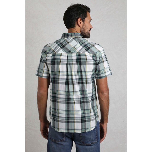 100% Organic Cotton. Fabric: Woven. Design: Checked, Embroidered, Logo. Fastening: Button-Down. Sleeve-Type: Short-Sleeved. Neckline: Turn Down Collar. Fabric Technology: Breathable, Lightweight. S: 37 in. M: 40 in. L: 43 in. XL: 46 in. XXL: 49 in. 3XL: 52 in. 4XL: 55 in. 5XL: 58 in.