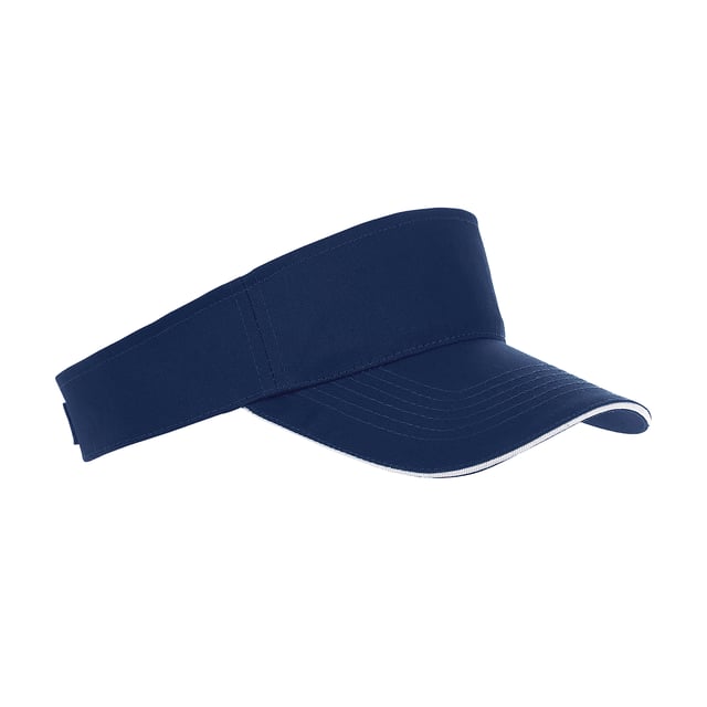 Unisex sun visor. Pre-curved contrast sandwich peak. Tear release adjustable fastening. Fabric: 100% Cotton.