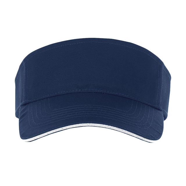 Unisex sun visor. Pre-curved contrast sandwich peak. Tear release adjustable fastening. Fabric: 100% Cotton.