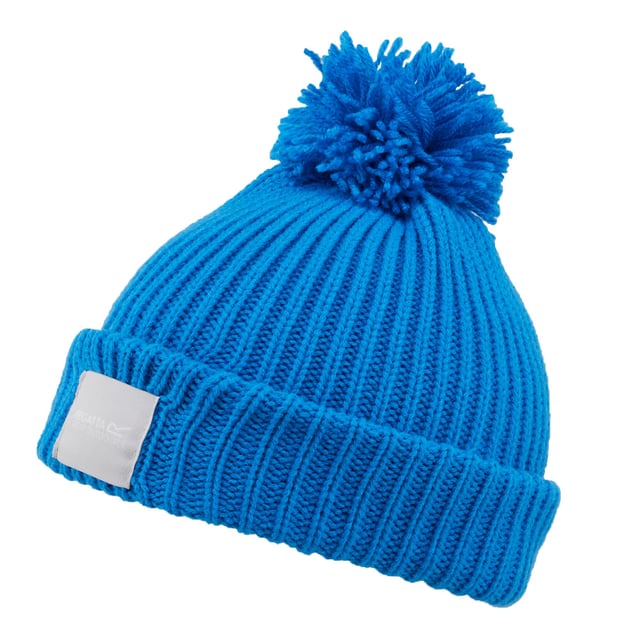 100% acryl. Stof: Gebreid. Ontwerp: Logo. Pom Pom, Geribd, Teruggeslagen zoom.
