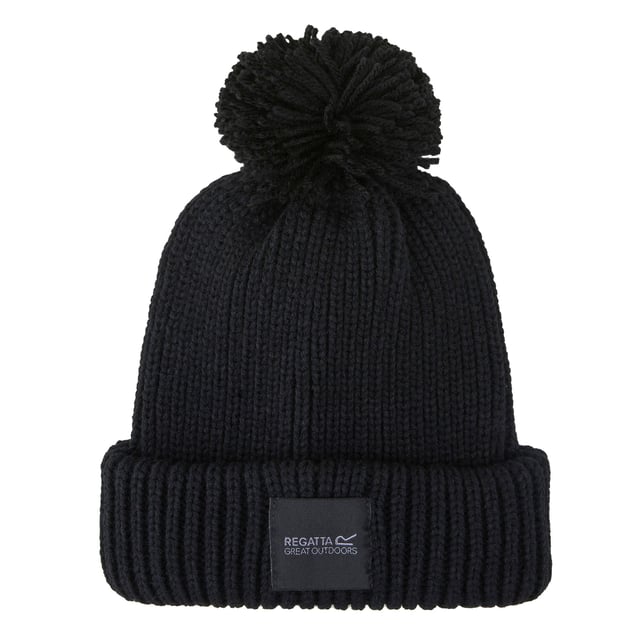 100% Acrylic. Fabric: Knitted. Design: Logo. Pom Pom, Ribbed, Turned-Back Hem.
