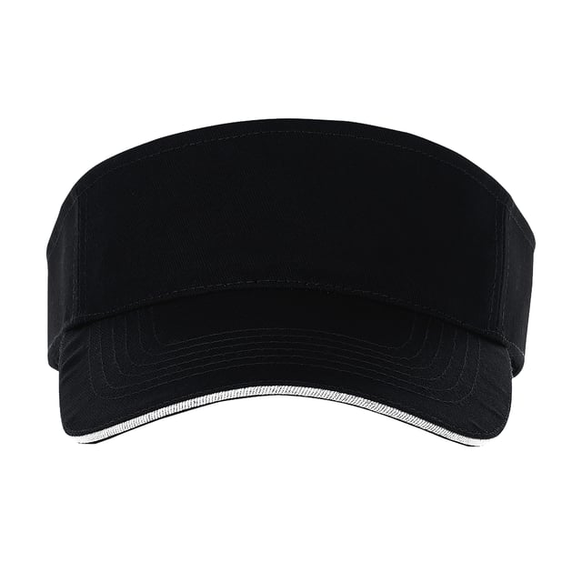 Unisex sun visor. Pre-curved contrast sandwich peak. Tear release adjustable fastening. Fabric: 100% Cotton.