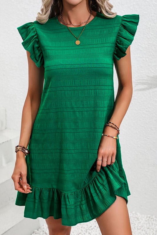 Dunkelgrüner strukturierter Stoff  
Schmetterlingsärmel  
Rüschensaum  
Mini-Länge  
Leicht und bequem  
Material: 95% Polyester 5% Elasthan