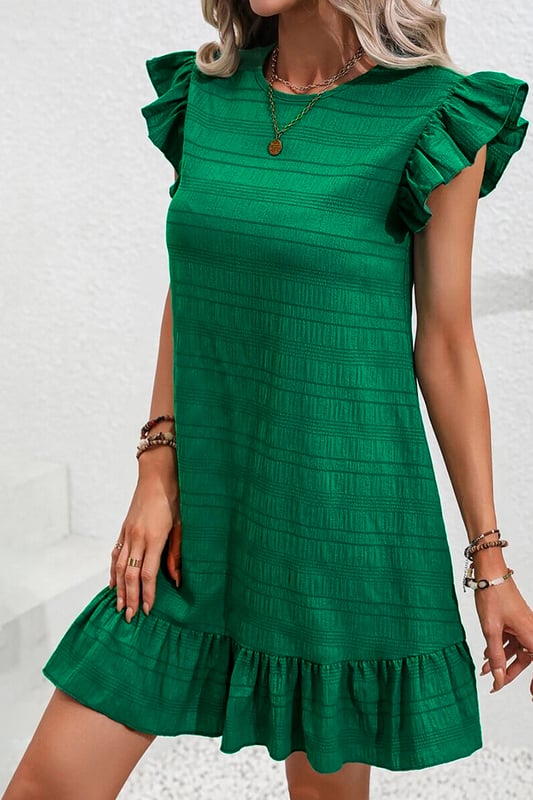Dunkelgrüner strukturierter Stoff  
Schmetterlingsärmel  
Rüschensaum  
Mini-Länge  
Leicht und bequem  
Material: 95% Polyester 5% Elasthan