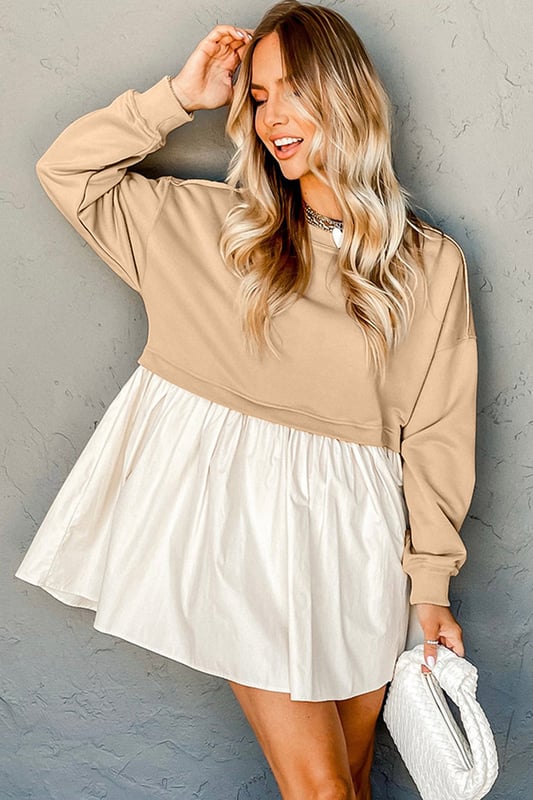 Our styles are designed with a trendy fitted look in mind following an international size standard. For the best fit we suggest choosing one size up from your usual. Be sure to check our sizing chart to find your perfect match!
  Pale khaki sweatshirt poplin mini dress
  Stylish combination of sweatshirt and contrast poplin skirt
  Perfect for modern girls who want to look casual yet naughty
  Pairs well with boots and sneakers
  Versatile addition to any wardrobe
  See size chart below for perfect fit
Material: 75% Cotton 23% Polyester 2% Elastane