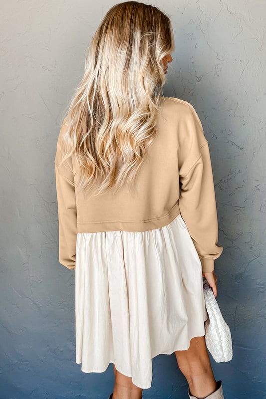 Our styles are designed with a trendy fitted look in mind following an international size standard. For the best fit we suggest choosing one size up from your usual. Be sure to check our sizing chart to find your perfect match!
  Pale khaki sweatshirt poplin mini dress
  Stylish combination of sweatshirt and contrast poplin skirt
  Perfect for modern girls who want to look casual yet naughty
  Pairs well with boots and sneakers
  Versatile addition to any wardrobe
  See size chart below for perfect fit
Material: 75% Cotton 23% Polyester 2% Elastane