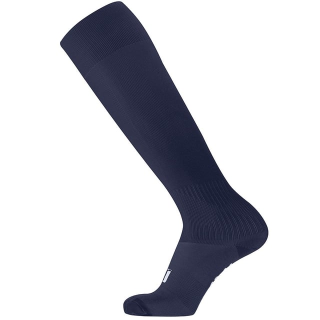 Knee length with ribbed opening. Branding to top of foot. Material: 80% polyester 15% cotton 5% spandex. Children shoe size 11.5-2.5, 3.5-6.