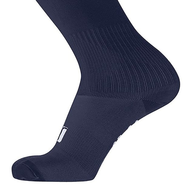 Knee length with ribbed opening. Branding to top of foot. Material: 80% polyester 15% cotton 5% spandex. Children shoe size 11.5-2.5, 3.5-6.