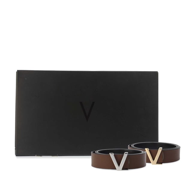 Valentino Belt Gift Set in brown.- Leather belt with 1 x silver tone and 1 x gold tone detachable V-design buckles- Presented in branded gift box- Main material: 100% Leather