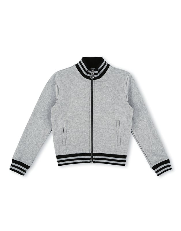 The brand's lettering encapsulates one's belonging to a special family. On this cotton fleece zip-up jacket it is printed on the back. Two slit pockets. The contrasting stripes jacquarded on the ribbed hems give the item a sportier look.