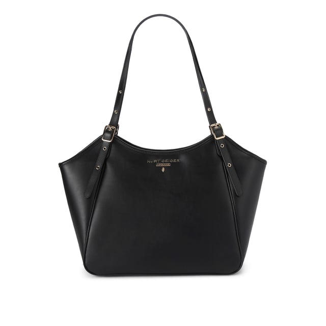 This Kurt Geiger Angel Tote Bag is crafted from a soft black leather. There are two top handles which can be adjusted by gold buckles. There is gold branding on the front above an eagle head. Dimensions: 27cm (H), 32cm (L), 15cm (D). Shoulder strap length: 64cm.