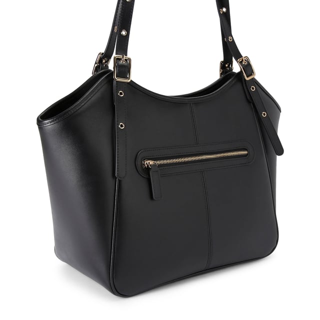 This Kurt Geiger Angel Tote Bag is crafted from a soft black leather. There are two top handles which can be adjusted by gold buckles. There is gold branding on the front above an eagle head. Dimensions: 27cm (H), 32cm (L), 15cm (D). Shoulder strap length: 64cm.