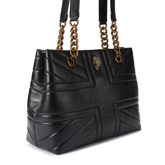 This Kurt Geiger Kensington Union Jack tote bag  is crafted from a black leather with overstitch quilting creating a Union Jack. There is an antiqued brass eagle on the front of the bag. Dimensions: 26cm (H), 35cm (L), 14cm (D). Strap length: 68cm.