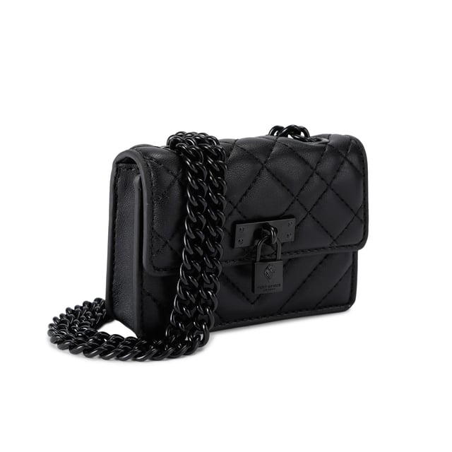 This Kurt Geiger Micro Drench Brixton bag features a black leather alternative exterior with overstitch quilting on the exterior. There is an antiqued brass branded lock on the front flap. Dimensions: 7.5cm (H), 11cm (L), 3cm (D). Strap length: 121cm.