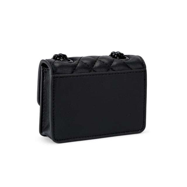 This Kurt Geiger Micro Drench Brixton bag features a black leather alternative exterior with overstitch quilting on the exterior. There is an antiqued brass branded lock on the front flap. Dimensions: 7.5cm (H), 11cm (L), 3cm (D). Strap length: 121cm.