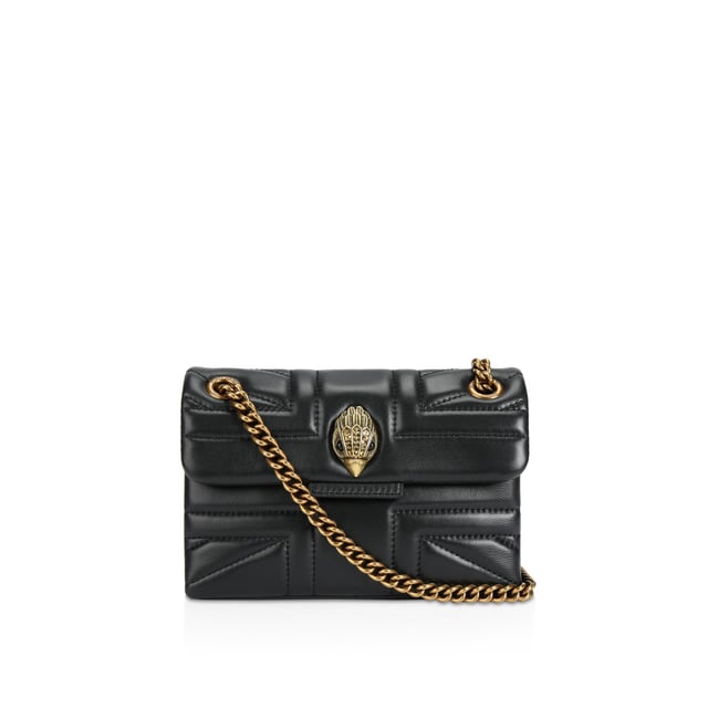 The Kurt Geiger Kensington Union Jack bag is crafted from a soft lambskin leather with stitched Union Jack design. The antiqued brass eagle head features crystals on the front flap. 14cm (H), 20cm (L), 6cm (D) Strap drop cross body: 120cm Strap drop shoulder: 70cm