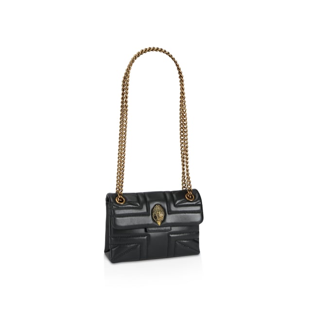The Kurt Geiger Kensington Union Jack bag is crafted from a soft lambskin leather with stitched Union Jack design. The antiqued brass eagle head features crystals on the front flap. 14cm (H), 20cm (L), 6cm (D) Strap drop cross body: 120cm Strap drop shoulder: 70cm