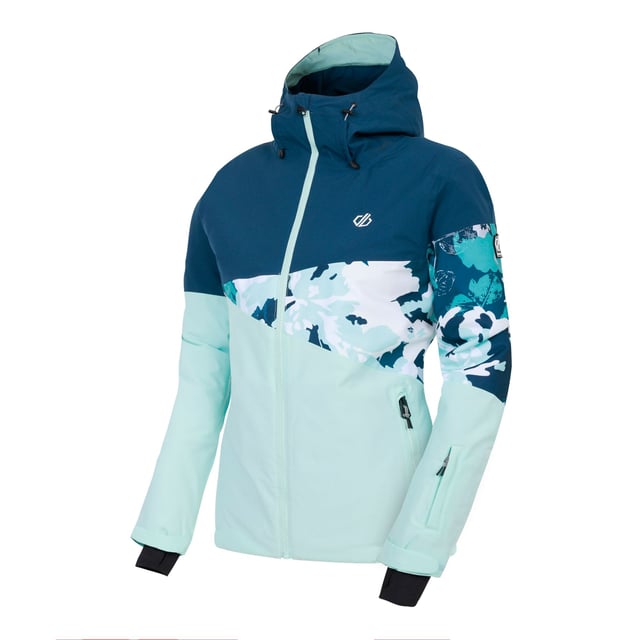 Filling: Recycled. Lining: Recycled Polyester. Fabric: Stretch. Design: Colour Block, Leaf Print, Logo. Fabric Technology: ARED 30/30, Breathable, Durable, DWR Finish, High Warmth, PFC Free, PFOA Free, PFOS Free, Water Repellent, Waterproof. Cuff: Adjustable. Sleeve-Type: Articulated, Long-Sleeved. Chin Guard, Gel Grip, Goggle Wipe, Inner Zip Guard, Integrated Snowskirt, Padded, Scrim Back Panel, Taped Seams. Neckline: Hooded. Hood Features: Grown On Hood, Toggle Adjuster. Pockets: Ski Pass Pocket, 2 Side Pockets, Zip, Stow Pocket. Fastening: Full Zip. 30000g/m²/24hrs. Waterproof Rating: 30000mm. Hem: Adjustable. 8 UK: 32 in. 10 UK: 34 in. 12 UK: 36 in. 14 UK: 38 in. 18 UK: 43 in.