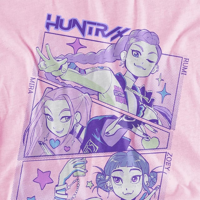 100% Ringspun Cotton. Fabric: 4 Way Stretch, Jersey, Midweight, Pre-Shrunk, Weave. Design: Anime, Printed, Stars, Text. Characters: Huntr/X. Neckline: Crew Neck, Ribbed. Sleeve-Type: Short-Sleeved. Fabric Technology: Breathable, Fade Resistant. Heavy Duty, Tagless. 100% Officially Licensed. 7-8 Years: 32 in. 12-13 Years: 39 in. 3-4 Years: 27 in. 9-11 Years: 36 in. 5-6 Years: 29 in.
