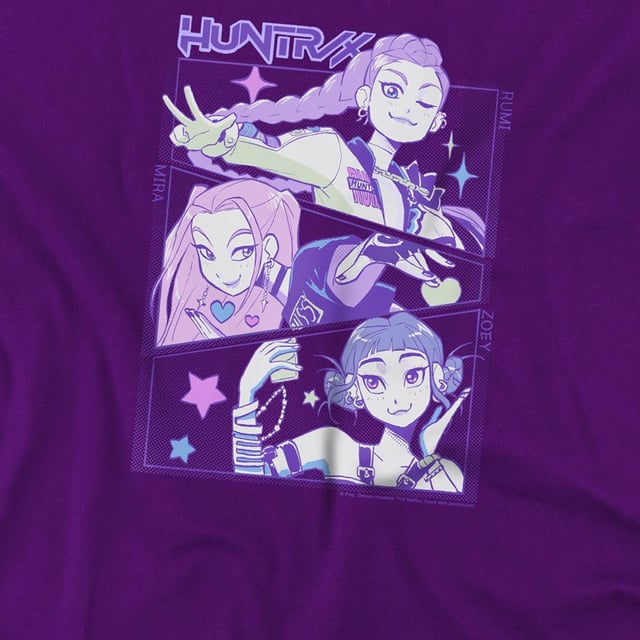 100% Ringspun Cotton. Fabric: 4 Way Stretch, Jersey, Midweight, Pre-Shrunk, Weave. Design: Anime, Printed, Stars, Text. Characters: Huntr/X. Neckline: Crew Neck, Ribbed. Sleeve-Type: Short-Sleeved. Fabric Technology: Breathable, Fade Resistant. Heavy Duty, Tagless. 100% Officially Licensed. 7-8 Years: 32 in. 12-13 Years: 39 in. 3-4 Years: 27 in. 9-11 Years: 36 in. 5-6 Years: 29 in.