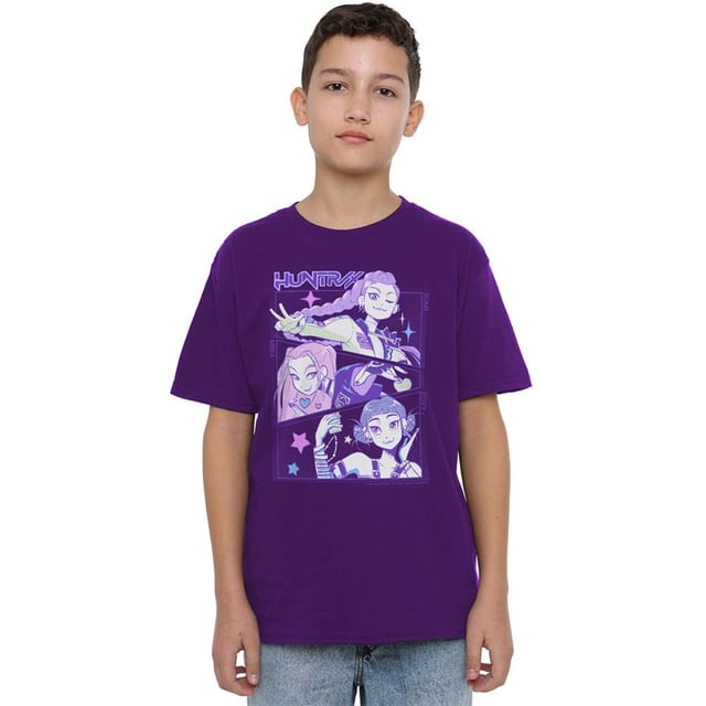 100% Ringspun Cotton. Fabric: 4 Way Stretch, Jersey, Midweight, Pre-Shrunk, Weave. Design: Anime, Printed, Stars, Text. Characters: Huntr/X. Neckline: Crew Neck, Ribbed. Sleeve-Type: Short-Sleeved. Fabric Technology: Breathable, Fade Resistant. Heavy Duty, Tagless. 100% Officially Licensed. 7-8 Years: 32 in. 12-13 Years: 39 in. 3-4 Years: 27 in. 9-11 Years: 36 in. 5-6 Years: 29 in.