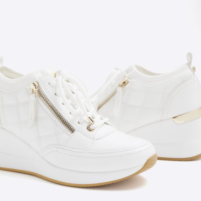 River Island Womens Wedge Trainers White Quilted Side Zip