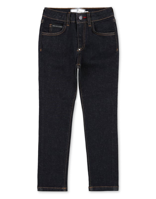 Stretch denim 5 pocket leggings featuring Plein Signature embroidered over the right rear pocket. Single metal button at waist. High Waist.