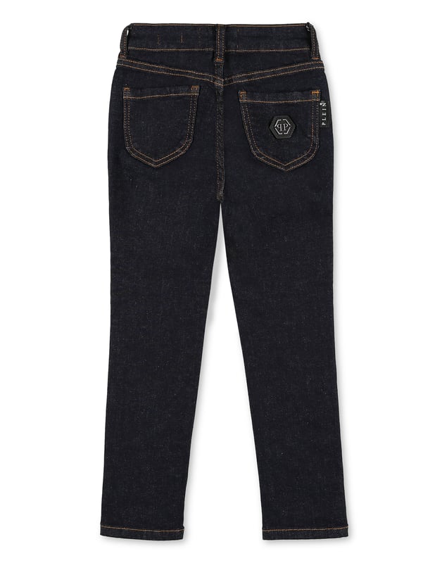 Stretch denim 5 pocket leggings featuring Plein Signature embroidered over the right rear pocket. Single metal button at waist. High Waist.
