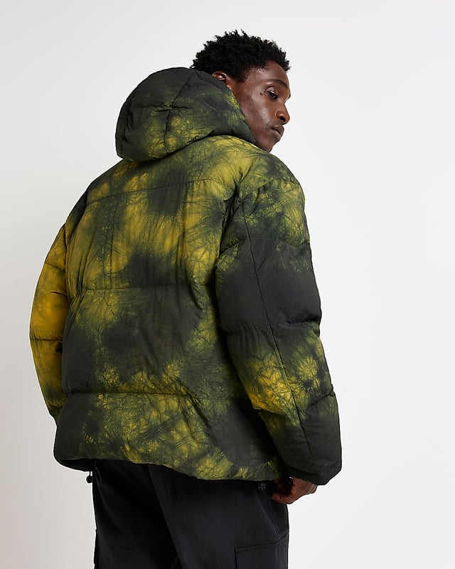 River Island Mens Puffer Jacket Green Oversized Fit Tie Dye