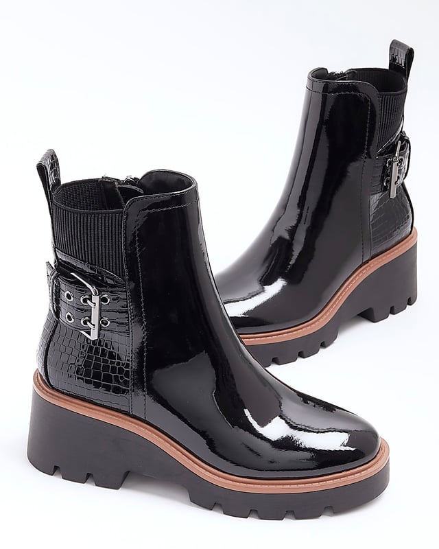 River Island Womens Chelsea Boots Black Patent Buckle Detail - Main Image